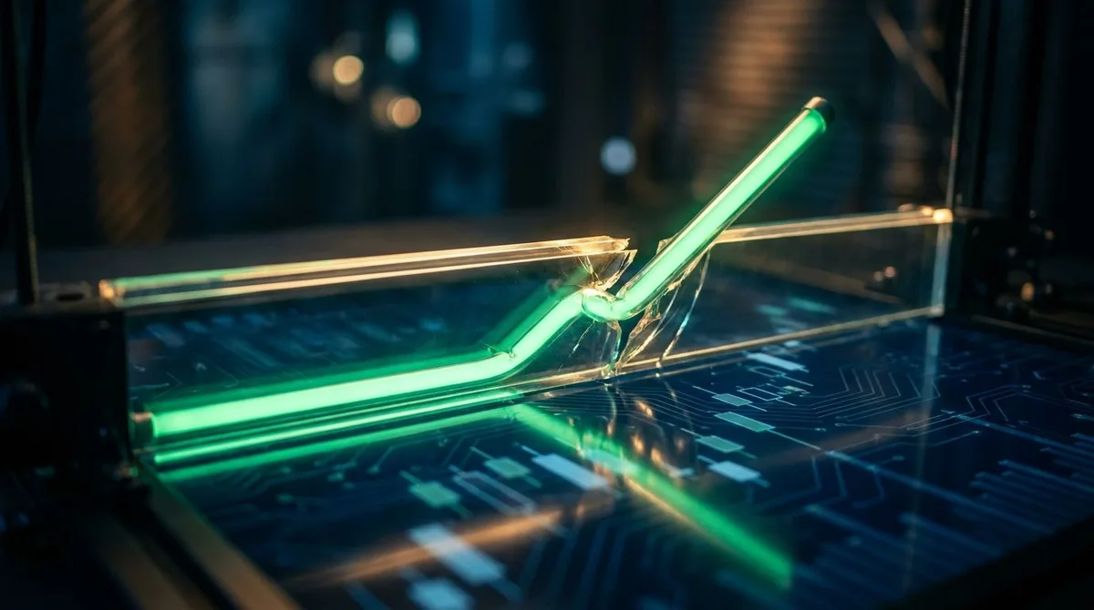 A bold upward-trending stock market chart line breaks through a ceiling or resistance level, rendered in vivid green against a dark financial dashboard background with subtle grid lines and candlestick patterns.
