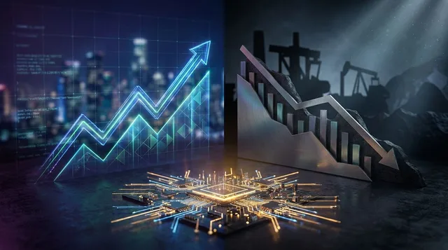 A split-screen composition showing a glowing, upward-trending stock chart in electric blue and green on one side, contrasting with a downward-sloping graph in muted gray on the other, symbolizing the tech surge versus materials decline.