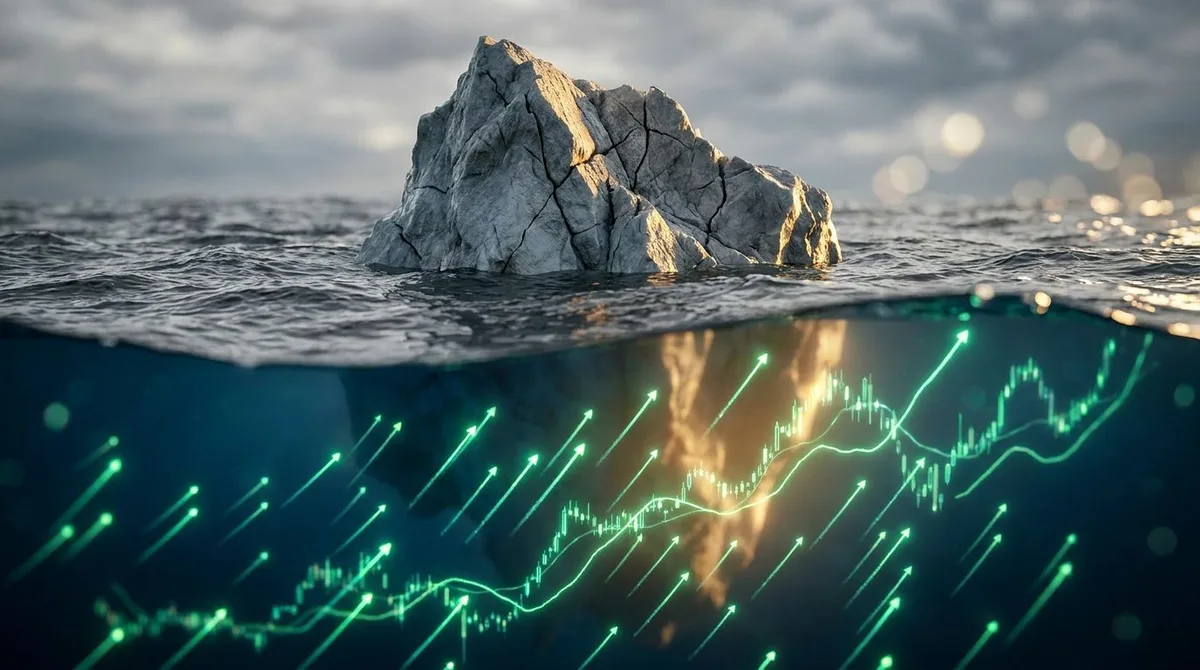 A split-screen financial visualization showing a large, visibly struggling iceberg above the waterline representing mega-cap tech stocks, while beneath the surface, dozens of smaller, glowing green upward-trending chart lines illuminate the depths. The underwater scene pulses with hidden energy and momentum, contrasting sharply with the grey, choppy waters above. This iceberg metaphor powerfully captures the idea of a broad market recovery happening invisibly beneath the dominant narrative.