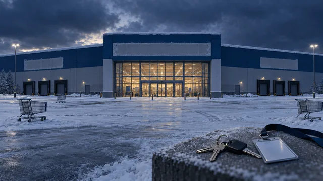 A snow-covered big-box retail store with unbranded facades and darkened sign outlines, a set of keys and a management badge left at the entrance, suggesting a formal handover of control.