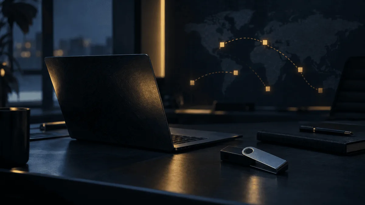 A laptop and hardware wallet sit in a dim security operations setting, symbolizing the separation between digital access and cryptocurrency custody.