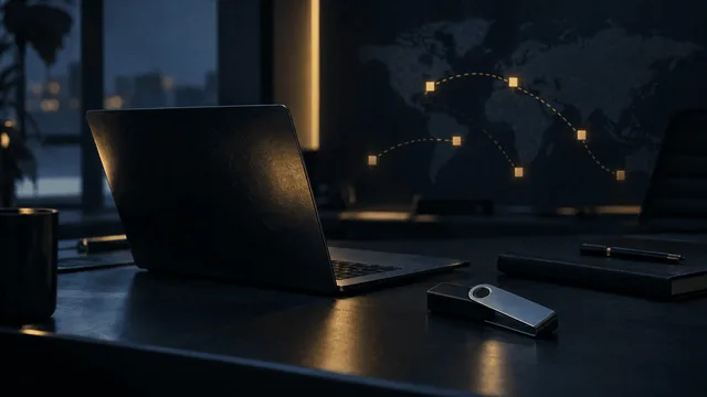 A laptop and hardware wallet sit in a dim security operations setting, symbolizing the separation between digital access and cryptocurrency custody.