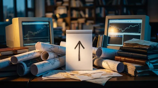 A cluttered desk overflowing with tangled charts, multiple screens, stacks of indicators, and scattered papers contrasts sharply with a single clean, bold upward arrow drawn on a notepad in the center. The visual tension between overwhelming complexity and elegant simplicity immediately captures the article's core message. Dramatic lighting highlights the lone simple arrow, drawing the eye away from the chaos surrounding it.
