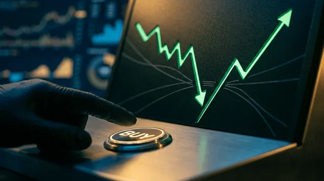 A stock market chart displayed on a screen shows a classic "dip and recovery" pattern, with a bold downward arrow followed by a sharp upward surge, rendered in vivid green against a dark financial dashboard background. In the foreground, a hand hovers hesitantly over a "buy" button, suggesting the moment of decision rather than blind action. The overall composition conveys both the temptation and the complexity of timing the market, with subtle visual cues like diverging trend lines hinting that