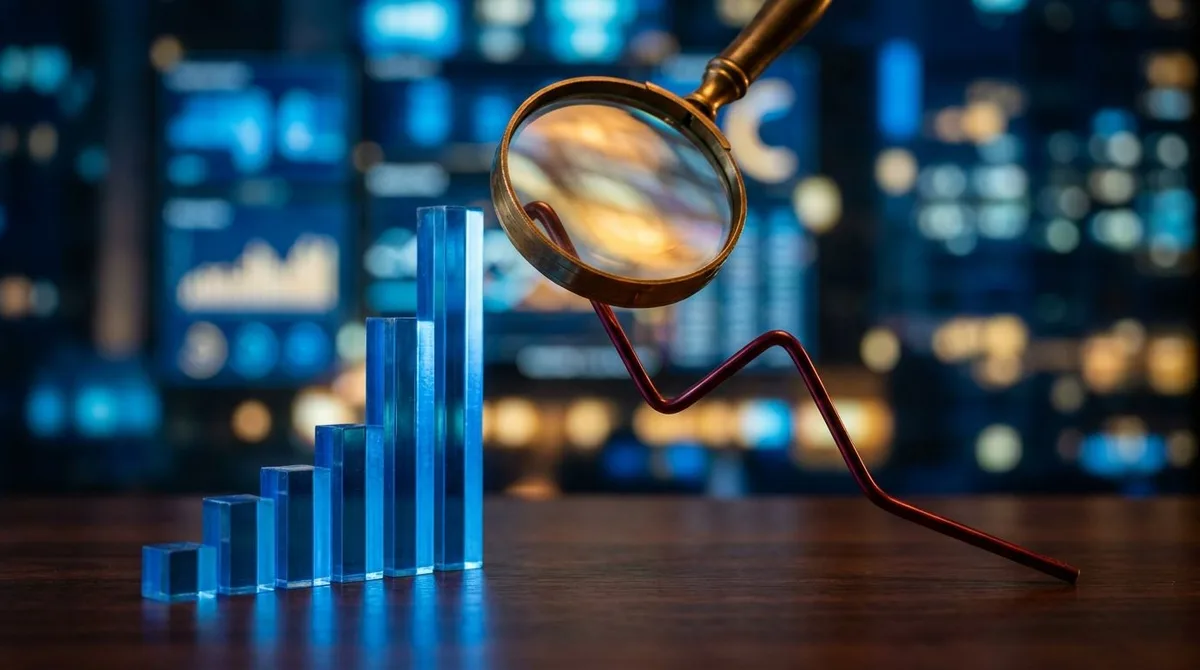 A split-screen financial dashboard showing a bold upward revenue bar chart on one side contrasted against a sharply declining margin trend line on the other, rendered in deep blue and red tones.