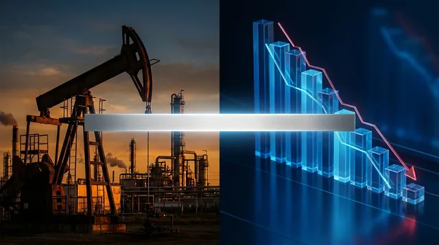 A split-screen composition showing an oil derrick or energy infrastructure bathed in warm golden light on one side, contrasting with a downward-trending stock chart in cool blue tones on the other.