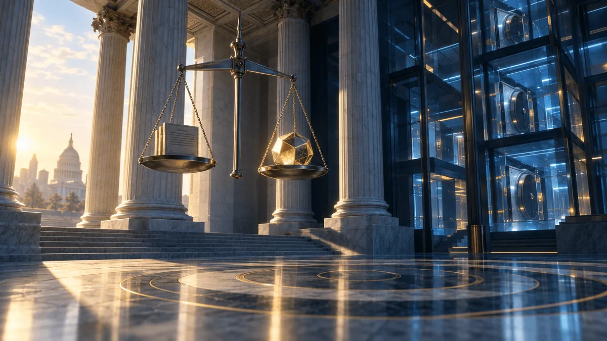Editorial illustration of a federal building's columns merging into a glass vault structure, with a large steel balance scale weighing a document stack against a crystalline coin-shaped object, symbolizing new financial regulation.