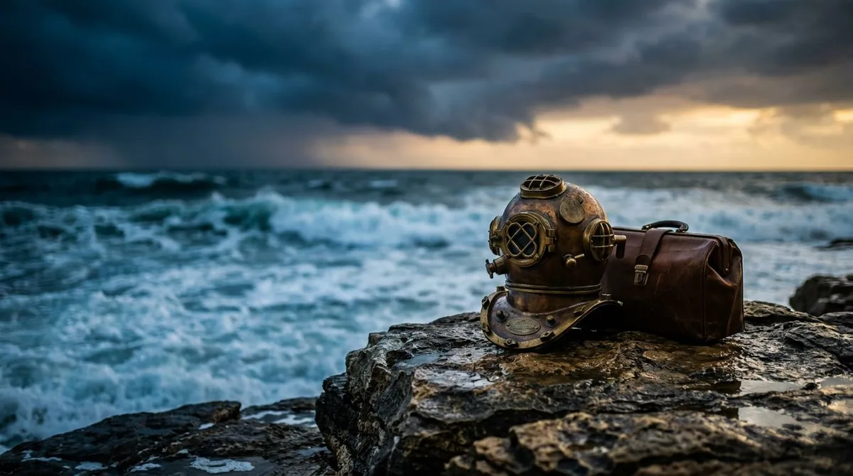 A lone trader stands at the edge of a stormy ocean cliff, facing powerful crashing waves with calm, confident body language — arms at their sides, feet planted firmly. The turbulent sea stretches endlessly before them, with dark swirling clouds above but a faint break of light on the horizon. The contrast between the chaos of the waves and the stillness of the figure visually captures the core message: volatility is not a threat to be feared, but a force to be mastered.