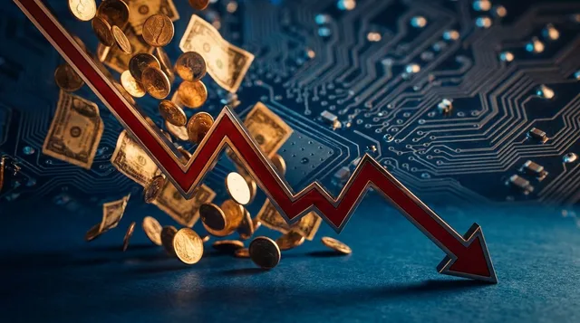 A dramatic downward-trending stock chart rendered in red fills the frame, with a cascade of golden coins or dollar bills visibly pouring into the chart from above — yet the line continues its relentless descent. The visual tension between the flood of incoming money and the falling price captures the core paradox of the article. A faint semiconductor chip or circuit board pattern overlaid in the background reinforces the specific sector context.
