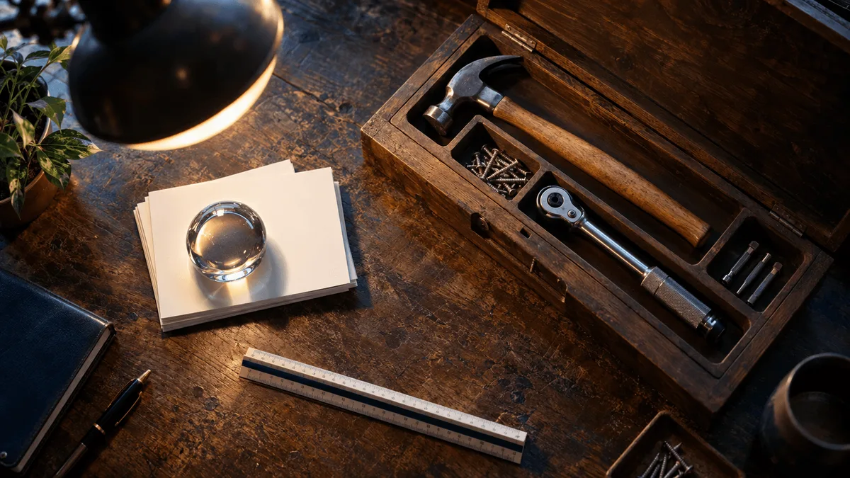 A top-down shot on a worn wooden desk: a wooden toolbox lies open, its compartments holding a hammer, a few loose screws, and a small torque wrench, each tool resting in its own molded slot.