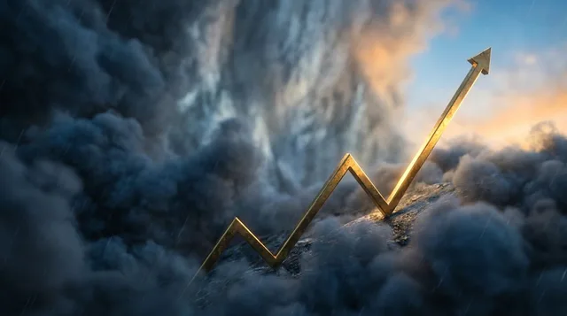 A bold upward-trending chart line bursting through storm clouds against a dramatic sky, symbolizing economic strength defying gloomy expectations. The contrast between dark, turbulent clouds on the left and bright, clear sky on the right visually captures the gap between negative headlines and surprisingly strong underlying data. Golden light illuminates the rising line, reinforcing the theme of hidden opportunity emerging from widespread pessimism.