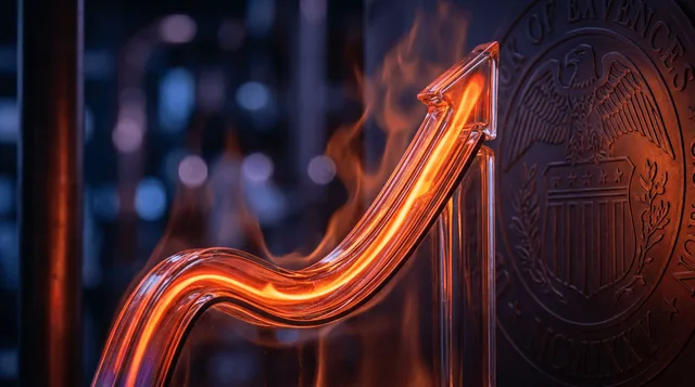 A dramatic upward-trending yield curve graph rendered in glowing red or orange against a dark background, with a large US Treasury bond or government seal subtly visible in the background.