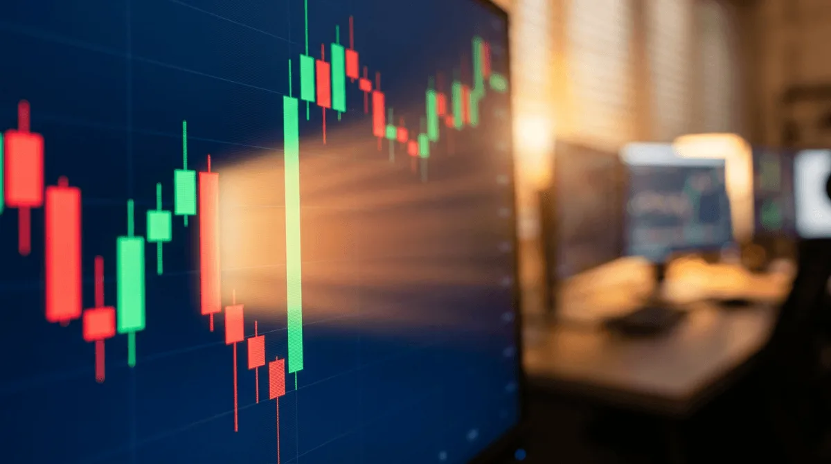 A dramatic close-up of a candlestick stock chart on a dark trading terminal screen, showing a stark visible "gap" — a jump between one candle's close and the next candle's open, with empty space highlighted between them in glowing red or gr
