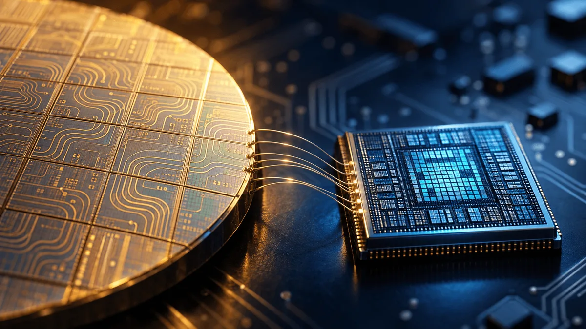 Macro photo of two semiconductor chips—one etched with analog circuit patterns, one with a dense AI-processor grid—connected by fine bonding wires on a dark reflective surface, symbolizing a chipmaker acquisition.
