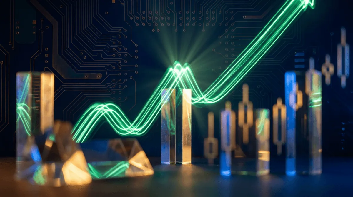 A dramatic upward-trending stock chart rendered in glowing green lines dominates the frame against a deep navy blue background, with subtle circuit board patterns woven into the backdrop to represent the AI and tech earnings theme.