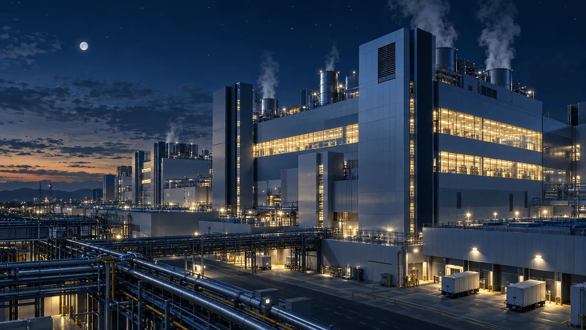 Wide nighttime view of an illuminated semiconductor fabrication plant complex with glowing cleanroom towers, rooftop vapor, and industrial piping under a dark sky.