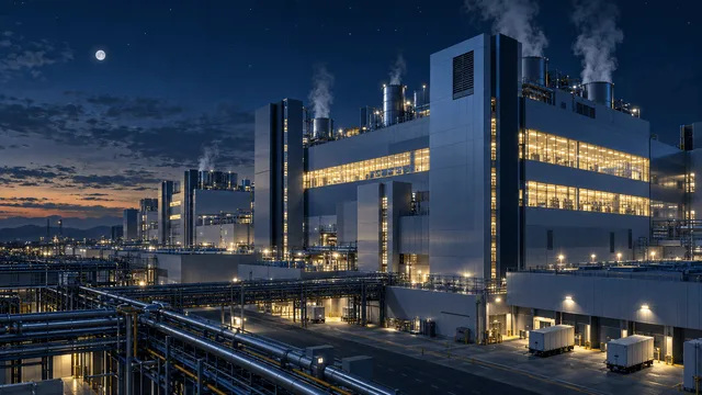Wide nighttime view of an illuminated semiconductor fabrication plant complex with glowing cleanroom towers, rooftop vapor, and industrial piping under a dark sky.