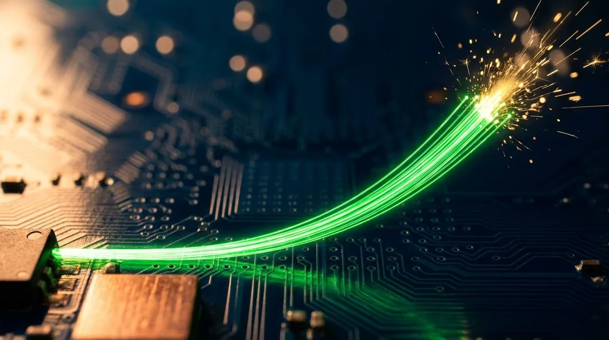 A dynamic upward-sweeping stock chart line rendered in electric green against a deep navy background, with glowing circuit board or microchip patterns subtly embedded in the background to represent the tech sector surge.