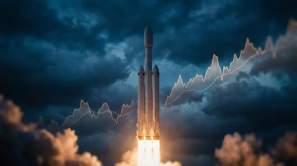 A SpaceX rocket launching dramatically into a stormy sky, with a stock market chart overlay subtly visible in the clouds above — the rocket's upward trajectory mirroring a bullish trend line. The scene captures the tension between explosive hype and underlying momentum, with the rocket breaking through a ceiling of clouds that hints at a potential "top" being tested. The contrast between the fiery launch below and the uncertain skies above visually encapsulates the article's central question of 