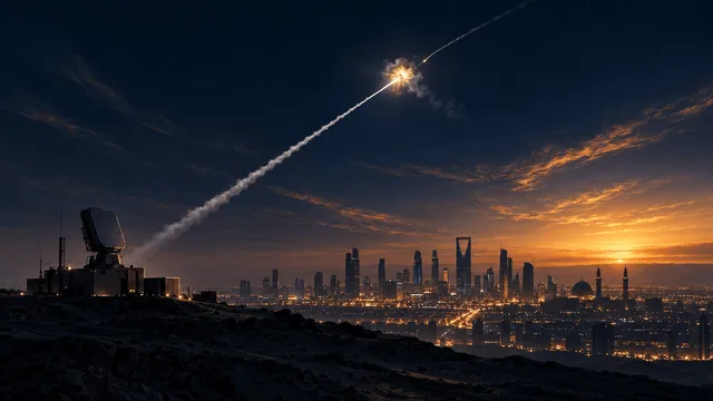 Night sky over a stylized Middle Eastern capital skyline shows an interceptor missile streaking upward to meet an incoming missile trail, with a radar installation and city silhouette below under a dawn-lit horizon.