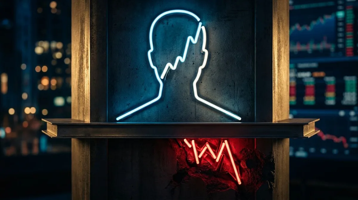 A dramatic stock chart line forms the unmistakable silhouette of a human head and two shoulders against a dark, moody background, with the neckline drawn as a sharp horizontal threshold.