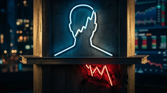 A dramatic stock chart line forms the unmistakable silhouette of a human head and two shoulders against a dark, moody background, with the neckline drawn as a sharp horizontal threshold.