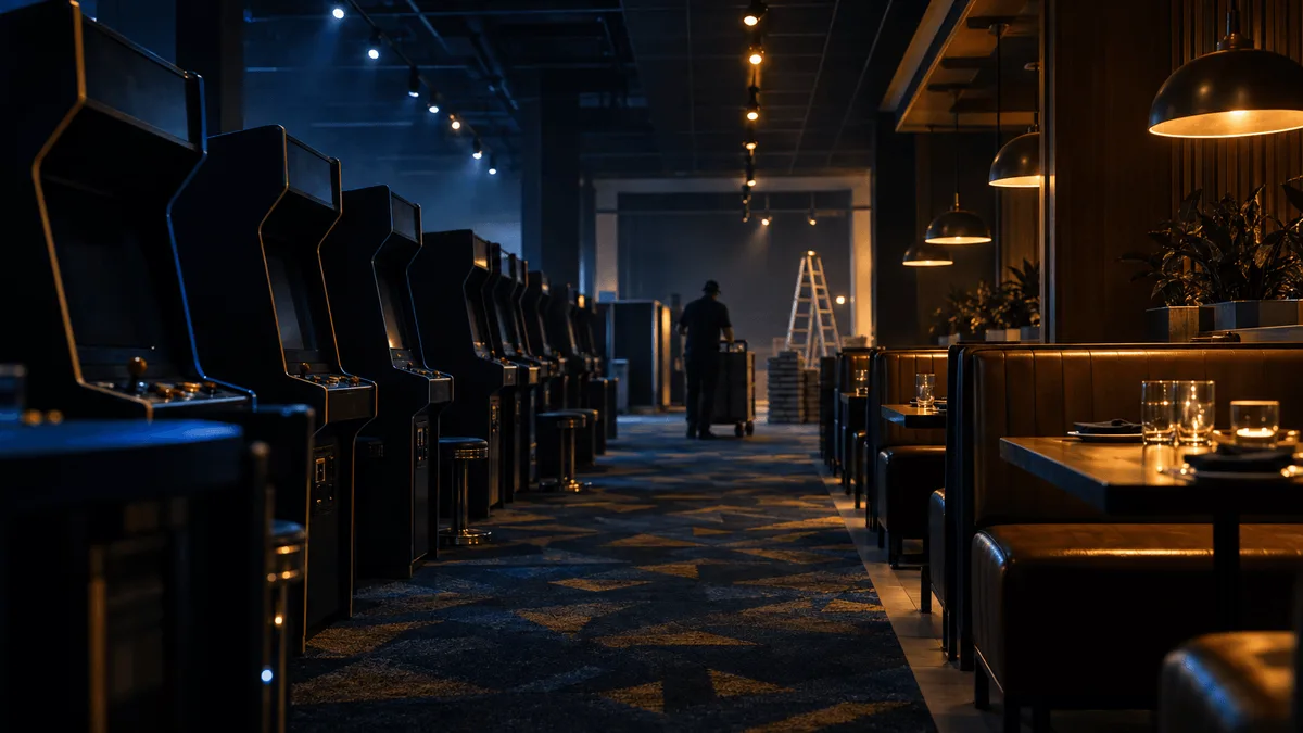 A dim, empty arcade hall with rows of unlit game cabinets stretching into shadow, beside a warmly lit dining booth area, evoking a business in transition between entertainment and food service.