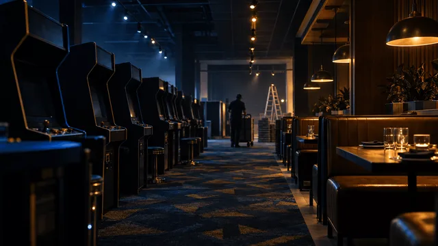 A dim, empty arcade hall with rows of unlit game cabinets stretching into shadow, beside a warmly lit dining booth area, evoking a business in transition between entertainment and food service.