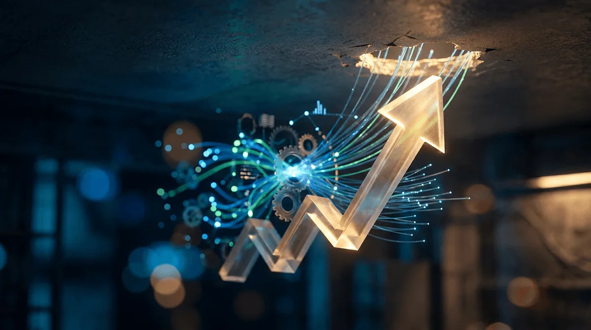 A confident Jensen Huang-like figure in a black jacket stands pointing decisively at a glowing upward-trending stock chart, with the chart's line breaking dramatically through the ceiling.
