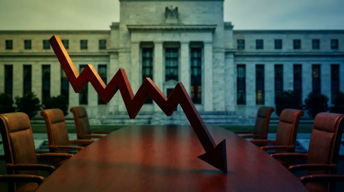 A dramatic downward-plunging stock market graph rendered in deep red dominates the frame, with the Federal Reserve building's neoclassical columns visible and slightly blurred in the background.