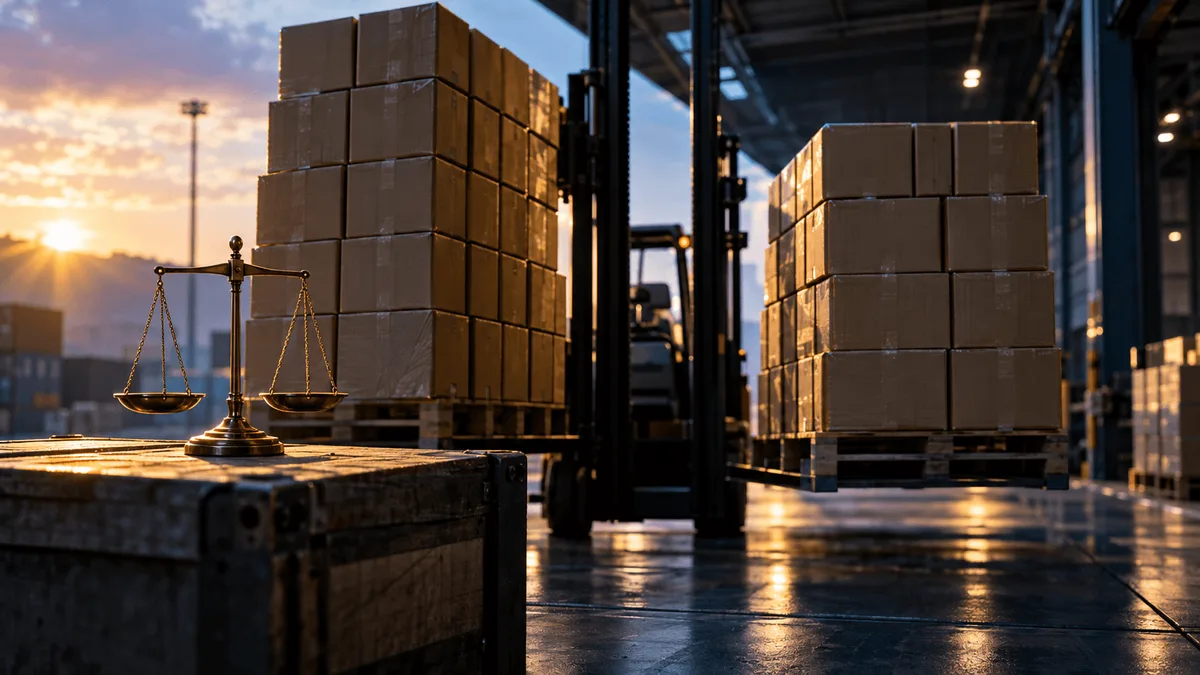 A low wide-angle still life on a trading-floor loading dock at dawn: stacked steel shipping pallets of identical cardboard boxes arranged in two mirrored rows, one slightly taller than the other, with a single forklift's hydraulic arm pause