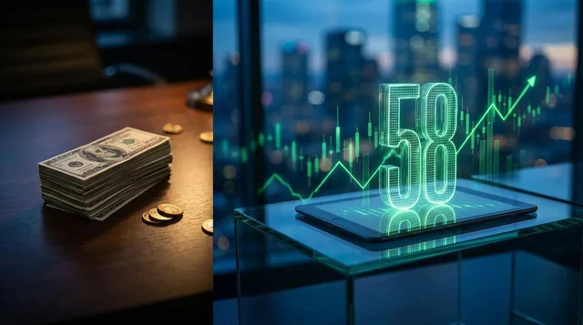 A split-composition image showing a confident investor at a trading terminal, with one side displaying a modest stack of physical cash and the other side revealing a dramatically larger glowing digital buying power figure, visually illustra