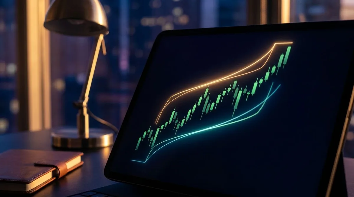 A stock chart displayed on a dark trading terminal screen, showing a rising price line with a visual bracket surrounding the movement — a glowing upper resistance line representing the profit target and a dynamic lower line that climbs in t