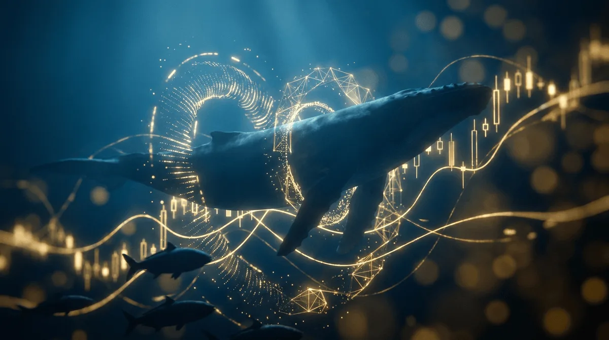 A dramatic underwater scene featuring a massive whale silhouette swimming through deep blue water, surrounded by glowing golden data streams and floating stock chart patterns that shimmer like bioluminescent light.