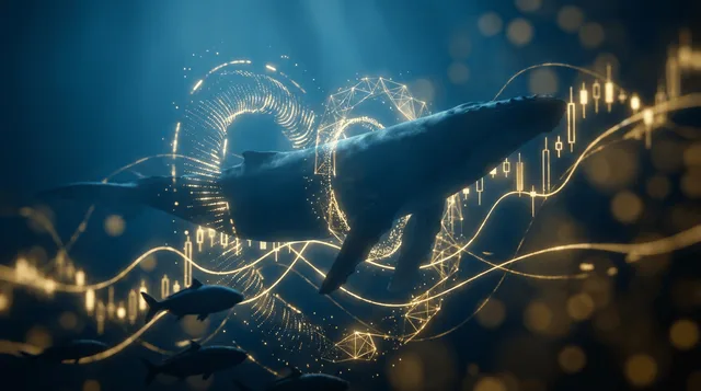 A dramatic underwater scene featuring a massive whale silhouette swimming through deep blue water, surrounded by glowing golden data streams and floating stock chart patterns that shimmer like bioluminescent light.