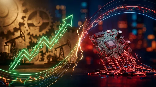 A dramatic split-screen composition showing a glowing green upward arrow on one side representing the surging Dow, contrasted against a downward-sliding microchip or circuit board on the other side, bathed in red light.