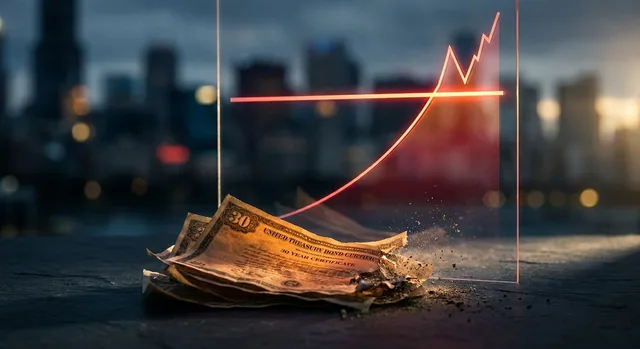 A dramatic upward-trending yield curve graph rendered in glowing amber or red against a dark background, with a bold threshold line representing the critical 5.161% level about to be breached.