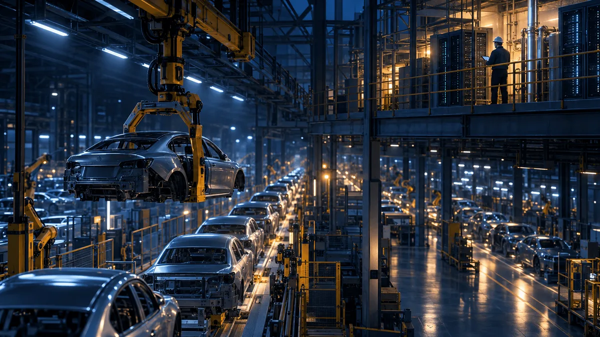 Wide view of a dim electric-vehicle factory floor with a long assembly line of cars, a robotic arm lifting a car body, and an engineer on an upper walkway overseeing new server and infrastructure construction in the background.