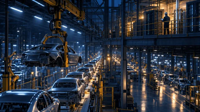 Wide view of a dim electric-vehicle factory floor with a long assembly line of cars, a robotic arm lifting a car body, and an engineer on an upper walkway overseeing new server and infrastructure construction in the background.