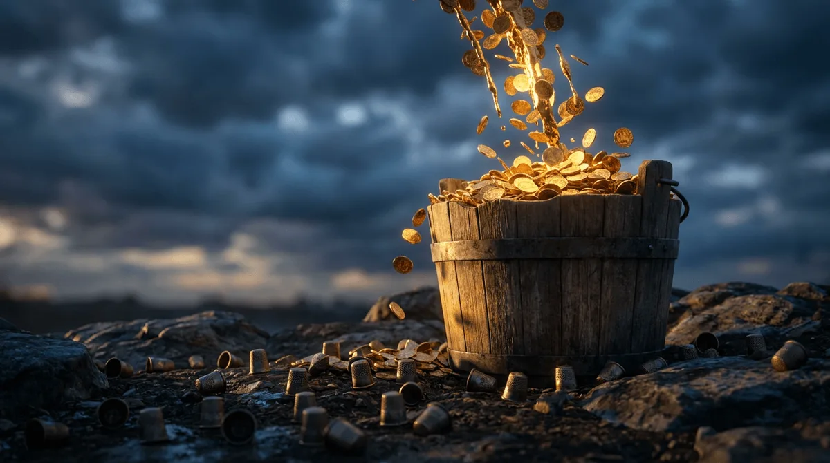 A golden rain shower pouring down from stormy clouds into an oversized wooden bucket, with tiny thimbles scattered on the ground nearby being ignored. The contrast between the massive bucket overflowing with gold coins and the neglected thimbles instantly communicates the concept of seizing maximum opportunity. Warm, dramatic lighting emphasizes the abundance of gold against a dark, moody sky, creating an urgent and compelling visual metaphor.