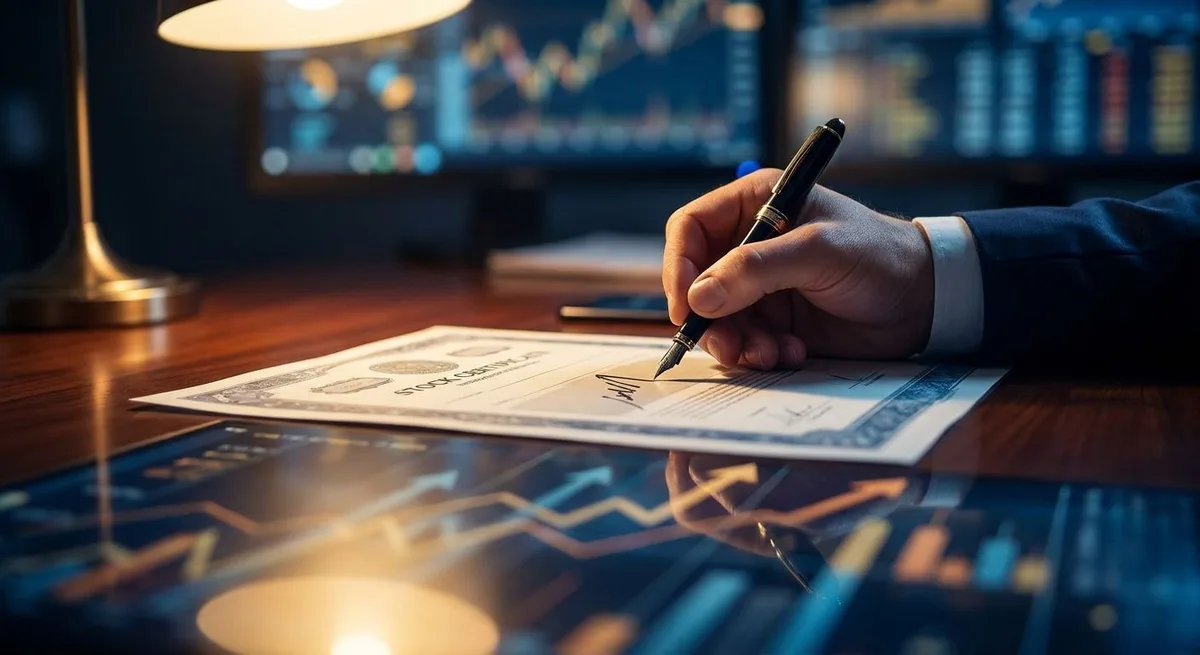 A sharp-dressed executive sits at a sleek trading desk, confidently signing a large stock certificate or check with a bold, decisive pen stroke. The scene is bathed in dramatic financial imagery — glowing stock charts and upward-trending graphs reflected in the polished desk surface. The composition conveys insider confidence and "putting your money where your mouth is," with a sense of power, certainty, and financial conviction.
