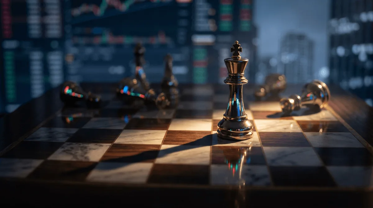 A chess board viewed from above, with stock market candlestick charts reflected in the glossy surface of the pieces, symbolizing the strategic game of information in financial markets. One chess piece — a king — stands illuminated under a dramatic spotlight, casting long shadows across the board, representing the power of superior knowledge. The background subtly blends into a dark, moody financial trading floor aesthetic, reinforcing the high-stakes nature of market intelligence.