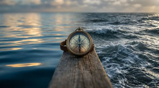A split visual showing a calm, glassy ocean surface on one side contrasting with turbulent, choppy waves on the other, with a single compass or navigation instrument resting steadily at the center. The serene water reflects subtle upward-trending light, symbolizing hidden momentum beneath an deceptively quiet market surface. The dramatic contrast between stillness and chaos captures the article's core tension — that a quiet market can mask powerful underlying forces.