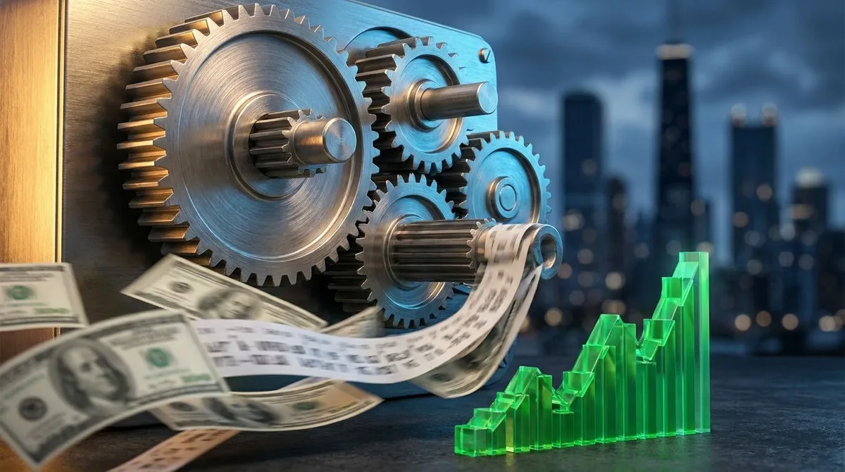 A massive mechanical gear or industrial machine made of gleaming metal gears and cogs, with streams of dollar bills and stock ticker symbols being funneled through it like a conveyor belt, set against a dark Wall Street backdrop with toweri