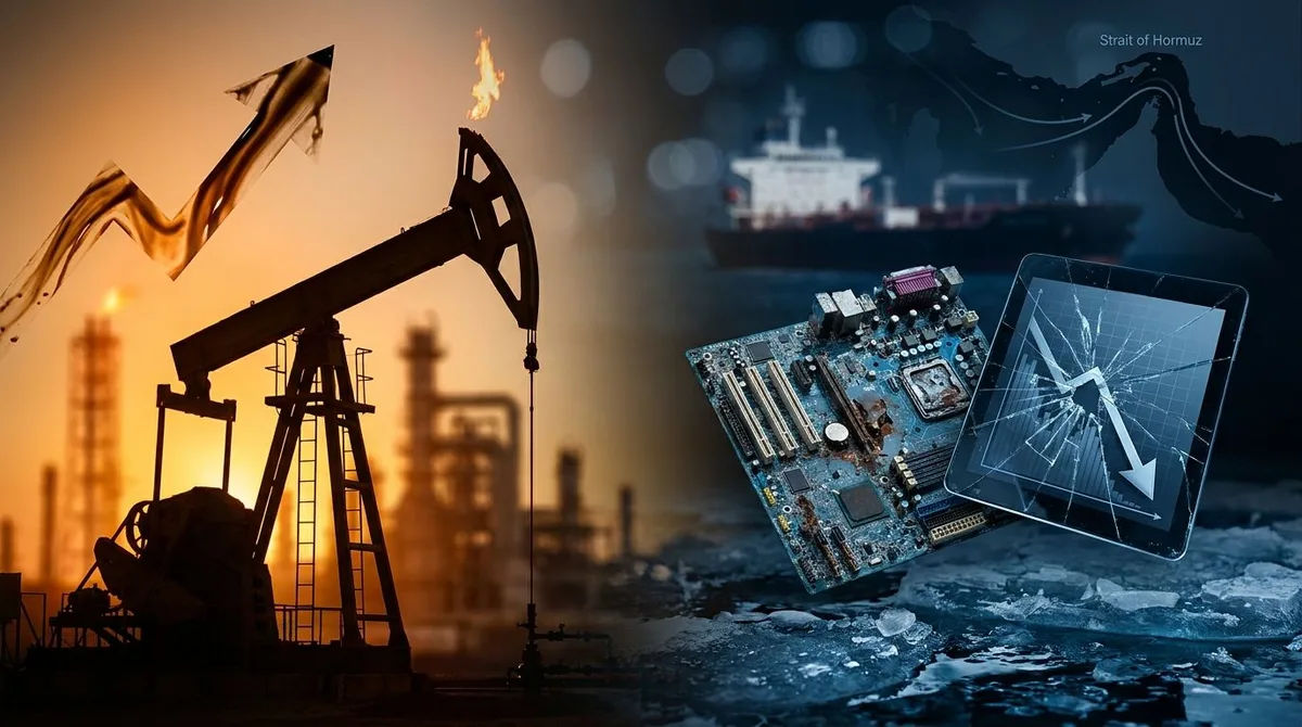 A dramatic split-screen composition shows a bold upward-surging oil derrick or flame on one side bathed in warm amber and orange tones, contrasting sharply with a downward-trending stock chart or crumbling circuit board on the other side in