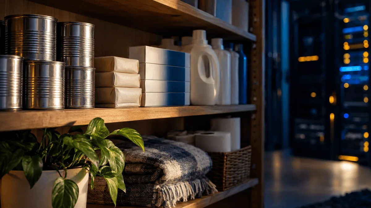 On a plain wooden pantry shelf, neat rows of grocery staples—canned soup, bars of soap, boxed toothpaste, and bottled detergent—sit bathed in soft, even light, their packaging turned away from the camera.