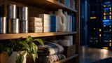 On a plain wooden pantry shelf, neat rows of grocery staples—canned soup, bars of soap, boxed toothpaste, and bottled detergent—sit bathed in soft, even light, their packaging turned away from the camera.
