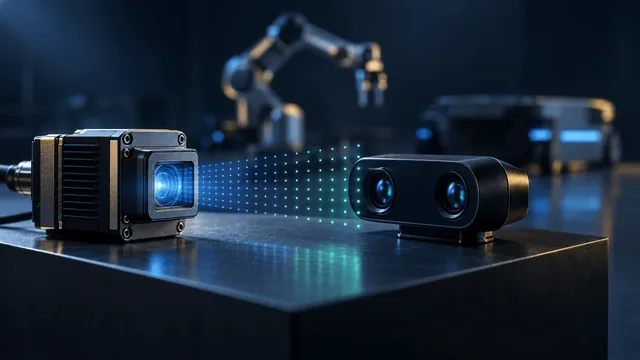 Close-up of an industrial machine-vision camera and a stereo depth-sensing camera facing each other with a projected dot-grid light pattern bridging them, blurred robotic arm and mobile robot silhouettes in the background.