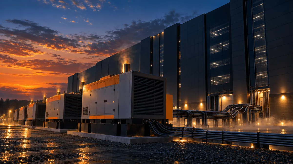 Rows of industrial backup power generators connected by heavy cables stand before a glowing data center building at dusk, with warm light and rising exhaust trails suggesting energy and momentum.