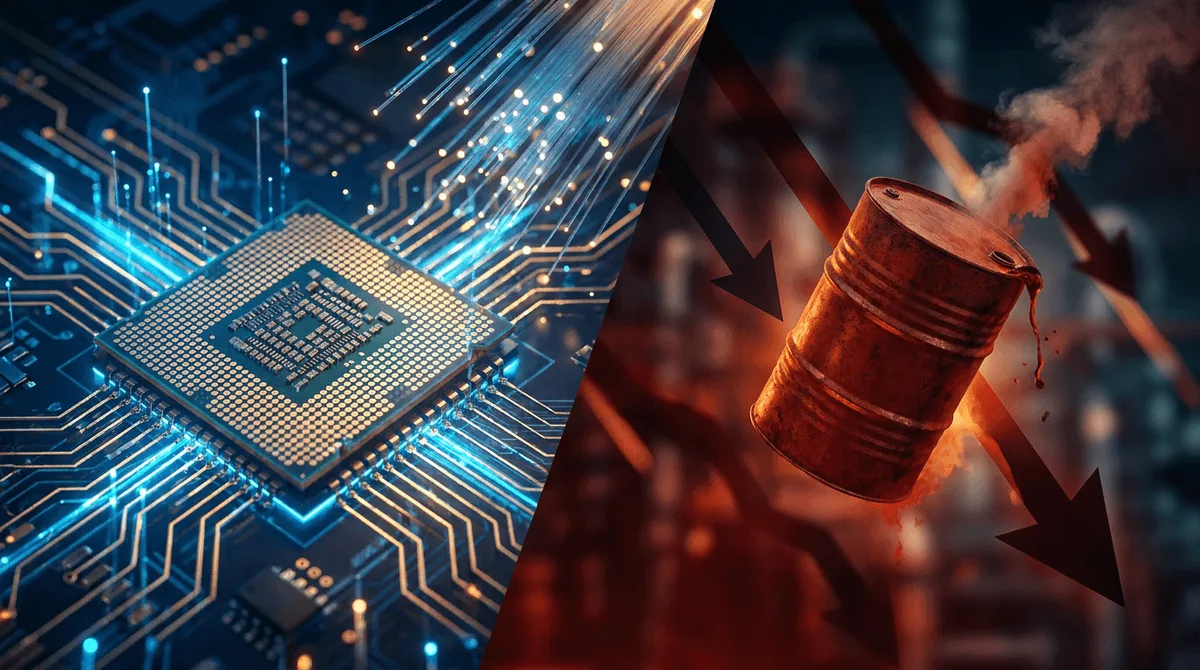 A split-screen composition dramatically divides a glowing semiconductor microchip on one side — bathed in electric blue and gold light — against a sharply falling oil barrel on the other, engulfed in deep red tones.